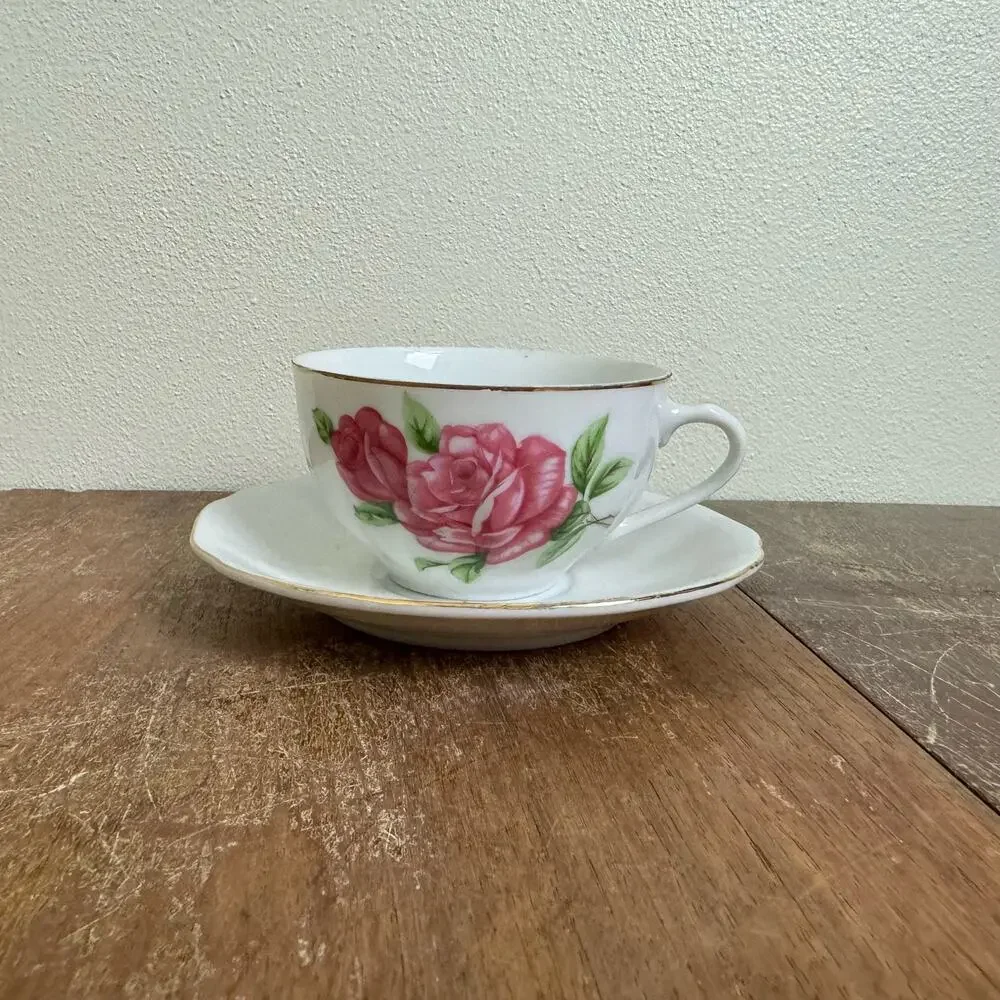 Yoko Boeki Co Japan pink Floral Rose Pattern Transferware tea cup‎ and saucer